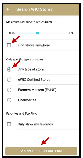 Find a WIC Store Settings Screen