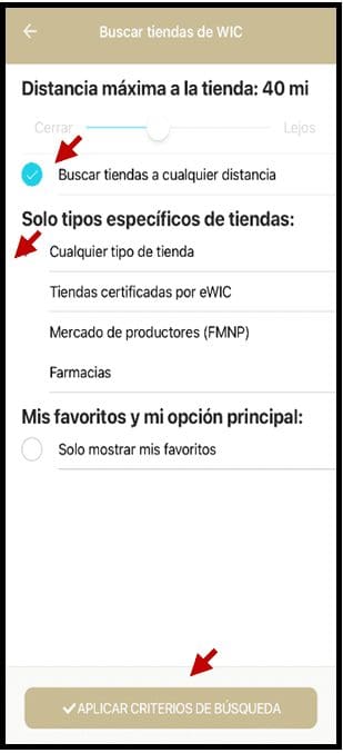 Spanish Find a WIC Store Settings Screen