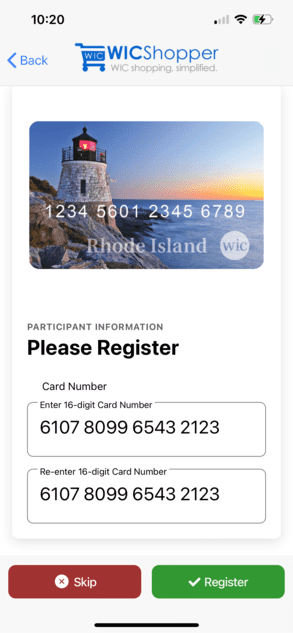 Rhode Island WIC Card Registration Screen