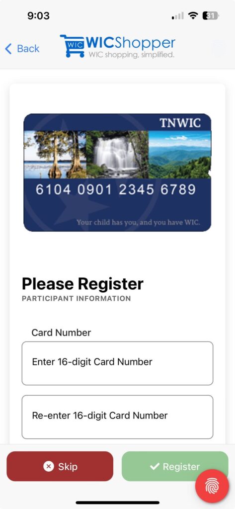 Tennessee Card Registration Screen