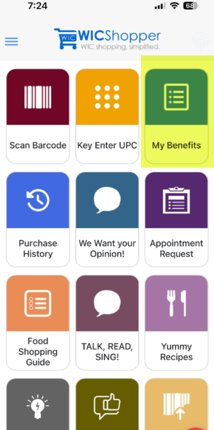WICShopper screen with the My Benefits button