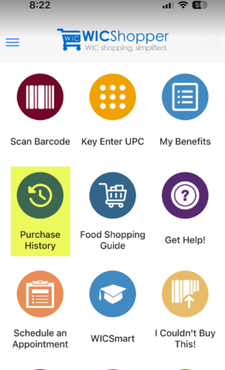 WICShopper screen with the My Benefits button