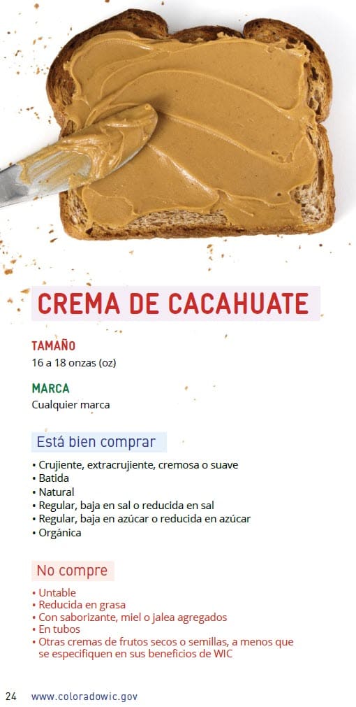 CO WIC-approved Peanut Butter, Alternative Nut and Seed Butters and Beans types and restrictions in Spanish