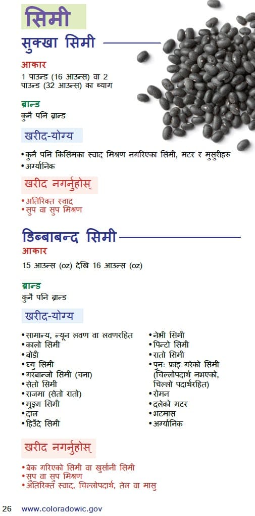 CO WIC-approved Peanut Butter, Alternative Nut and Seed Butters and Beans types and restrictions in Nepali