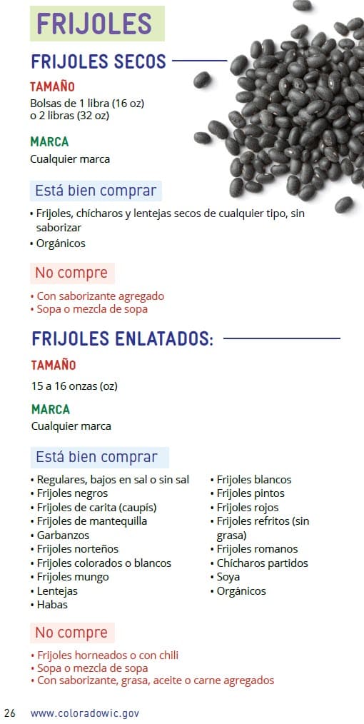 CO WIC-approved Peanut Butter, Alternative Nut and Seed Butters and Beans types and restrictions in Spanish