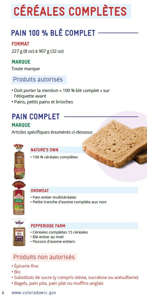CO WIC-approved whole grain types and restrictions in French