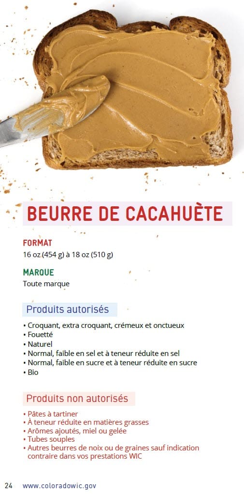 CO WIC-approved Peanut Butter, Alternative Nut and Seed Butters and Beans types and restrictions in French