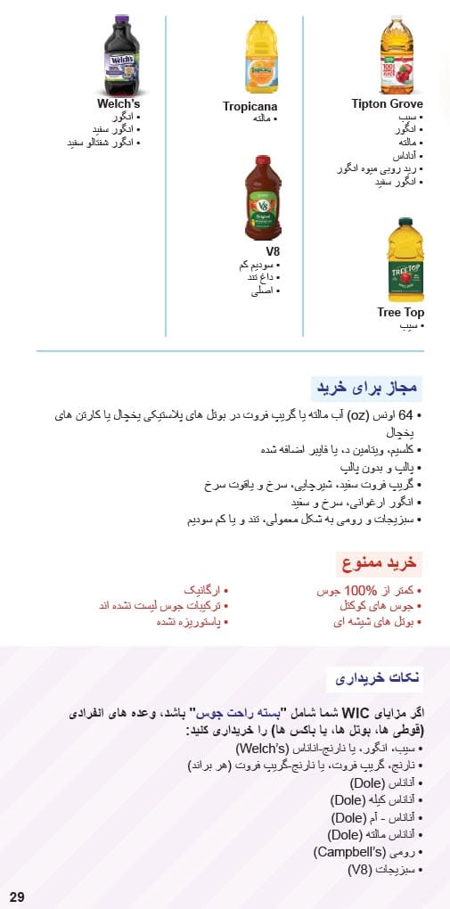 په دري ژبه کې د CO WIC لخوا تصویب شوي جوس ډولونه او محدودیتونه