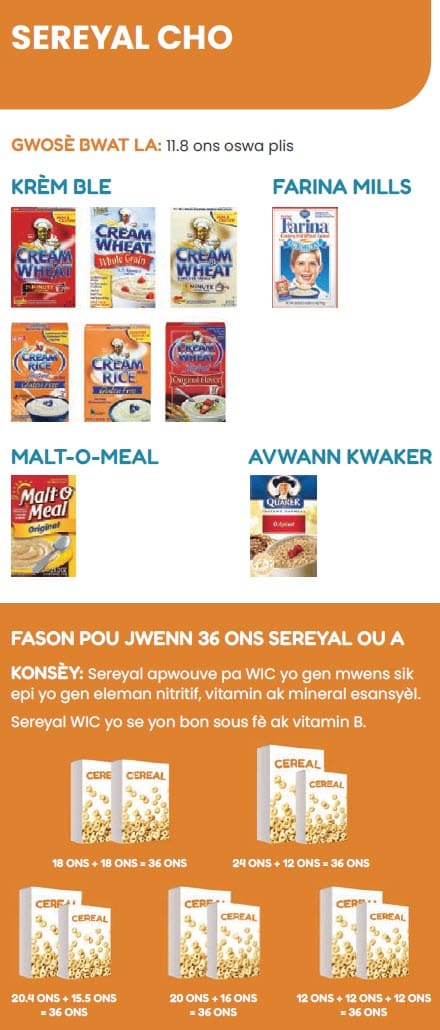 A Haitian Creole WIC flyer explaining which cereal types are allowed and not allowed.