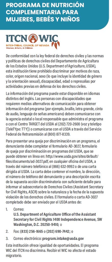 A Spanish WIC flyer explaining the non-discrimination statement