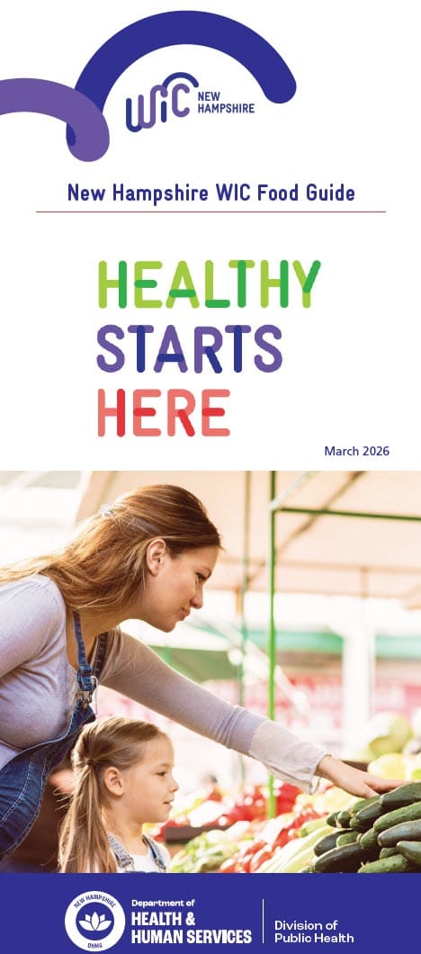 New Hampshire Food List title page with image of a woman and child shopping