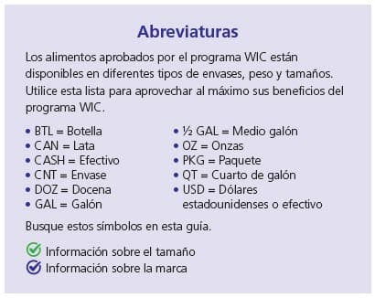 Key of WIC-approved foods different package types, weights, and sizes in Spanish