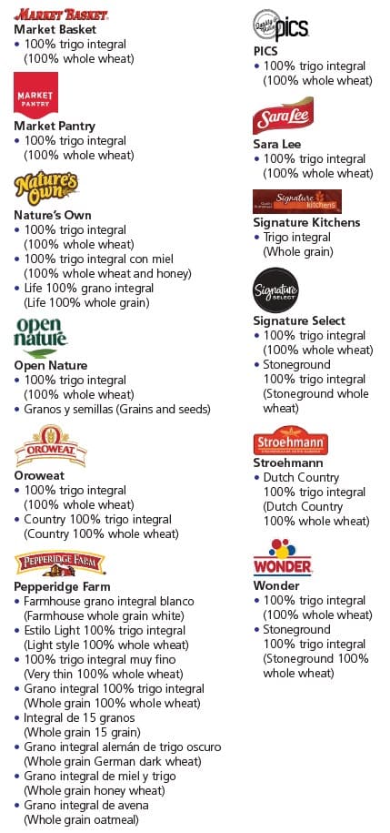 WIC-approved whole grain types and restrictions in Spanish