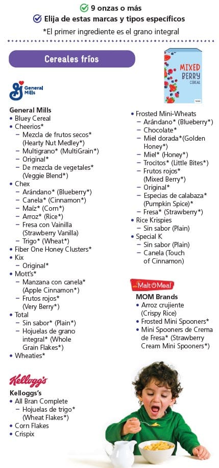 WIC-approved cereal types and restrictions in Spanish