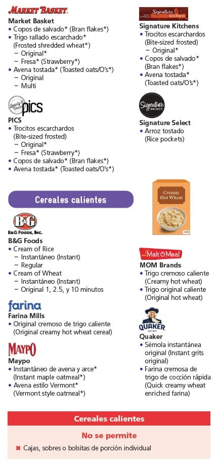 WIC-approved cereal types and restrictions in Spanish