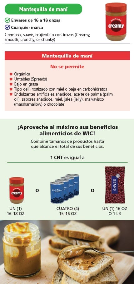 WIC-approved Beans, Peas, Lentils, and Peanut Butter types and restrictions in Spanish
