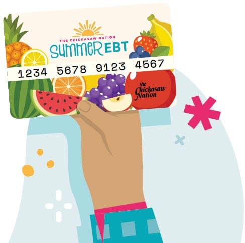 Illustration of a hand holding a Chickasaw Nation Summer EBT card decorated with colorful fruit.