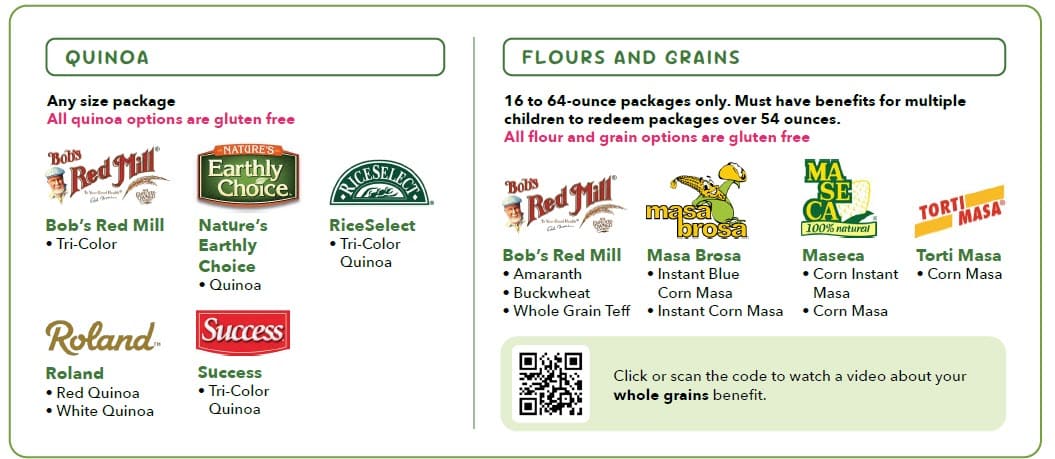 Whole grains guidelines chart showing approved types, amounts, and package sizes.