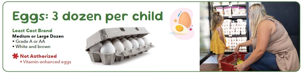 Egg guidelines chart showing approved types, amounts, and package sizes.