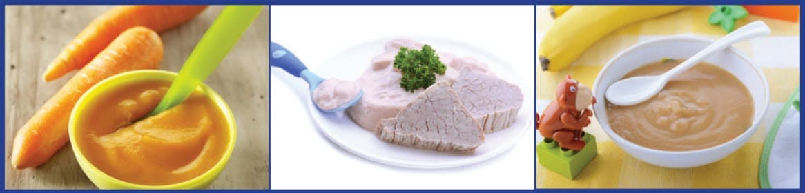 Three images showing pureed foods: carrot puree, meat puree, and banana puree.