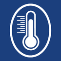 White thermometer icon inside an oval on a blue background, with horizontal lines suggesting rising or changing temperature.