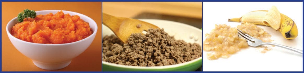 Three mashed foods side by side: orange vegetable mash, cooked ground meat, and mashed banana with a peeled banana beside it