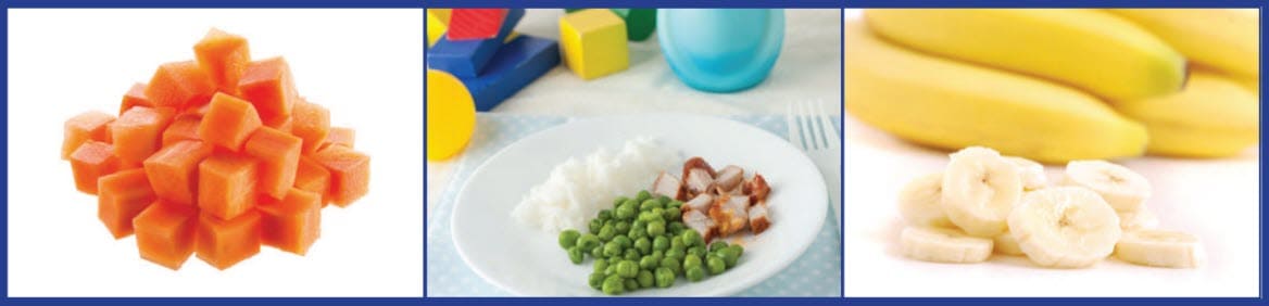 Three foods shown side by side: cubed papaya, a child’s plate with rice, peas, and meat, and sliced bananas.