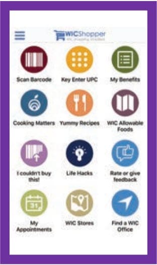 WICShopper app home screen showing twelve circular icons for scanning barcodes, checking benefits, recipes, allowable foods, appointments, stores, and other WIC tools