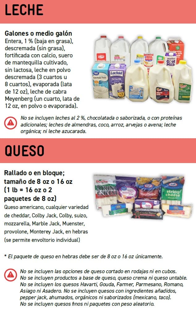 Guide showing WIC‑approved milk and cheese options with product images, allowed varieties, sizes, and exclusions in Spanish