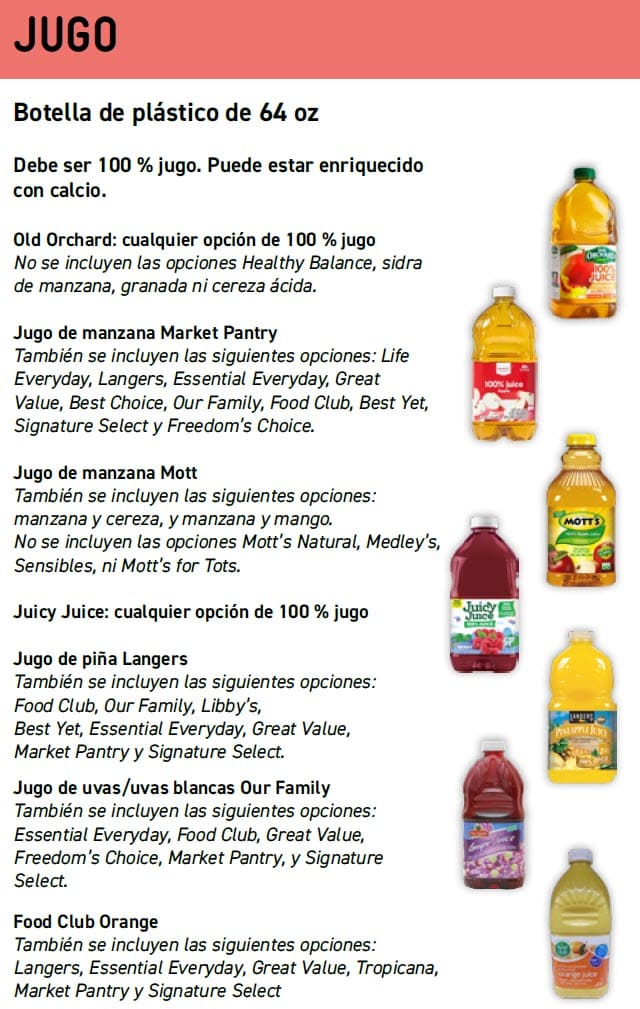 Guide showing WIC‑approved juice options with product images, allowed varieties, sizes, and exclusions in Spanish