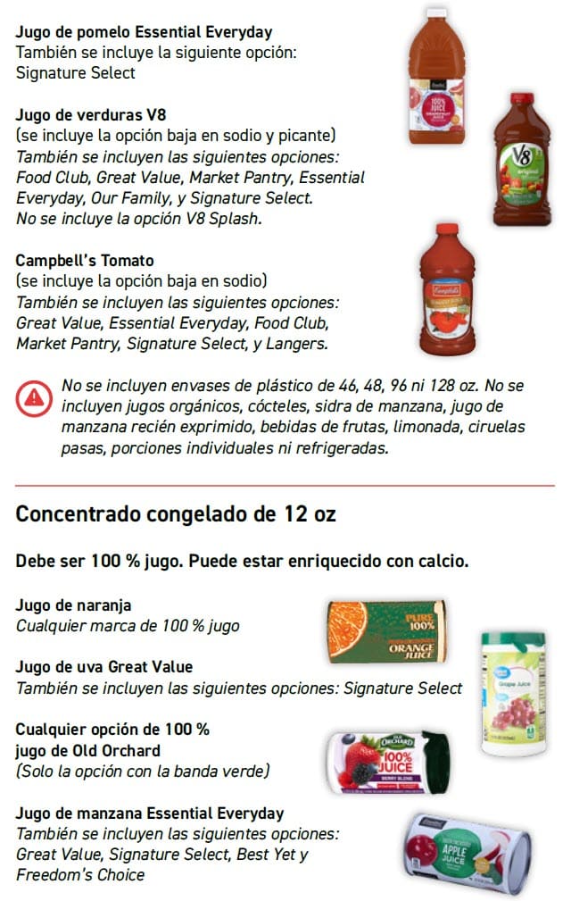 Guide showing WIC‑approved juice options with product images, allowed varieties, sizes, and exclusions in Spanish