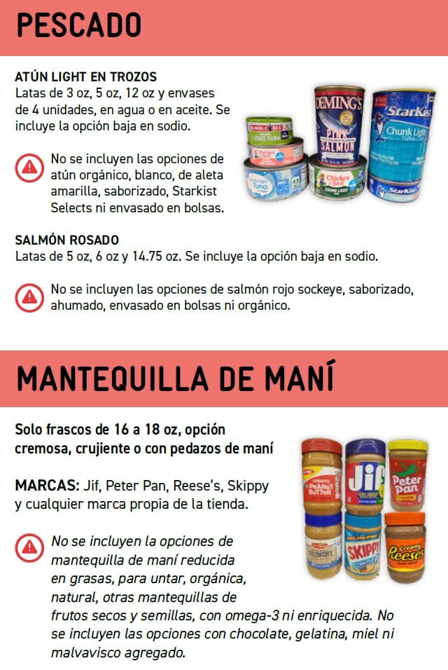 Guide showing WIC‑approved fish, peanut butter, eggs, beans and lentil options with product images, allowed varieties, sizes, and exclusions in Spanish