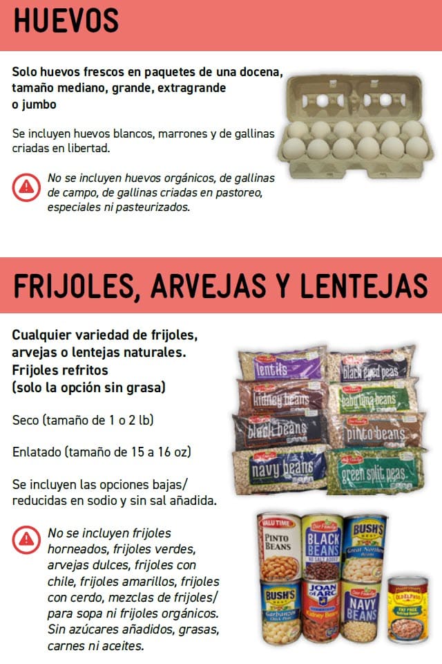 Guide showing WIC‑approved fish, peanut butter, eggs, beans and lentil options with product images, allowed varieties, sizes, and exclusions in Spanish