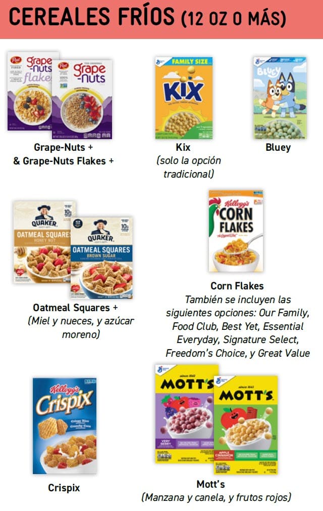 Guide showing WIC‑approved cereal options with product images, allowed varieties, sizes, and exclusions in Spanish
