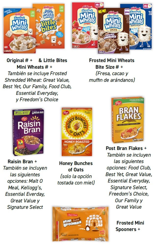 Guide showing WIC‑approved cereal options with product images, allowed varieties, sizes, and exclusions in Spanish