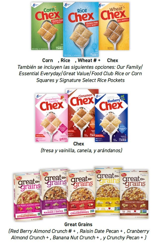 Guide showing WIC‑approved cereal options with product images, allowed varieties, sizes, and exclusions in Spanish