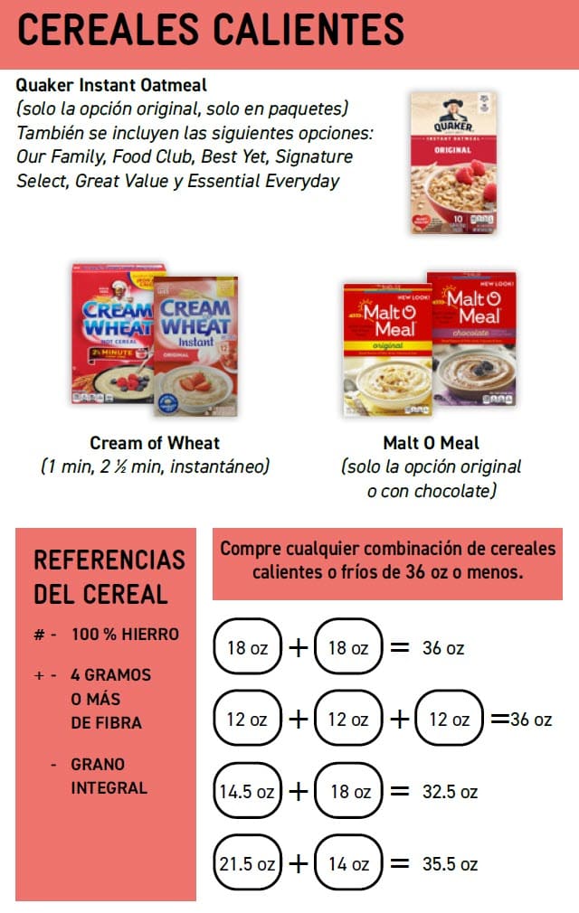 Guide showing WIC‑approved cereal options with product images, allowed varieties, sizes, and exclusions in Spanish