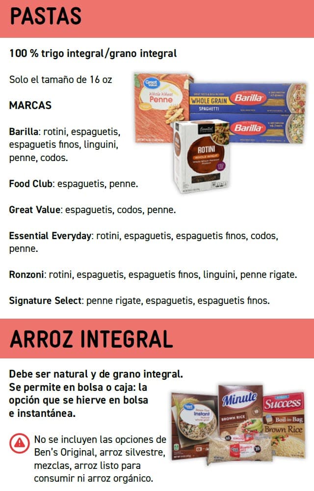 Guide showing WIC‑approved whole grain options with product images, allowed varieties, sizes, and exclusions in Spanish