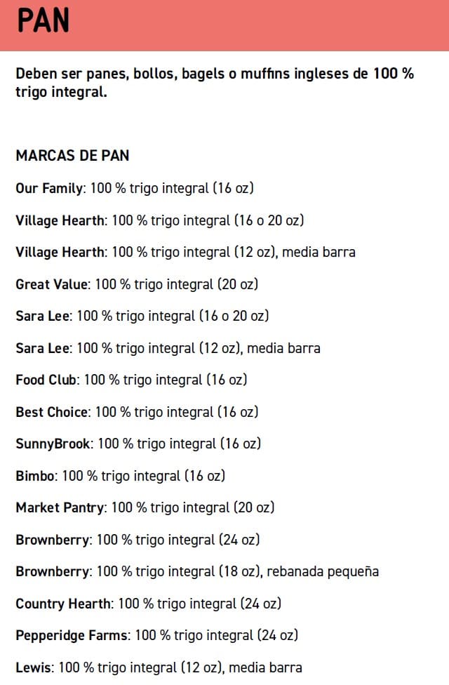 Guide showing WIC‑approved whole grain options with product images, allowed varieties, sizes, and exclusions in Spanish