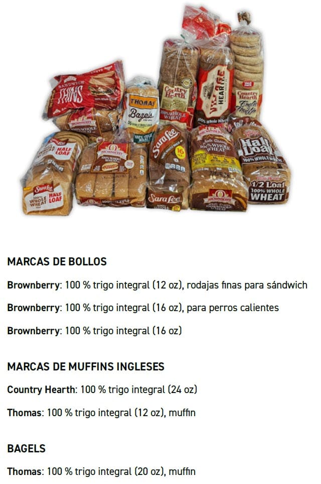 Guide showing WIC‑approved whole grain options with product images, allowed varieties, sizes, and exclusions in Spanish