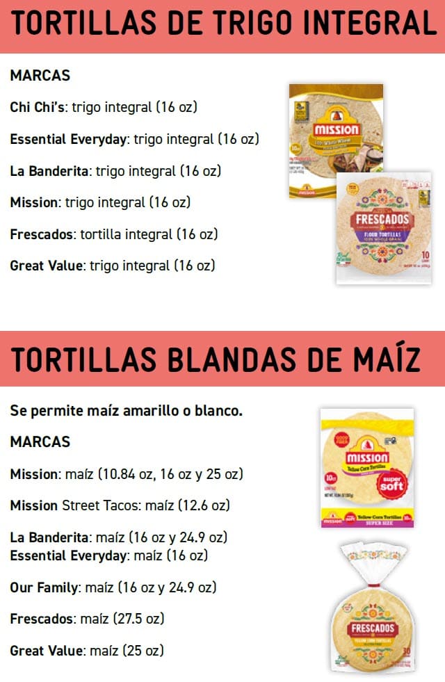 Guide showing WIC‑approved whole grain options with product images, allowed varieties, sizes, and exclusions in Spanish