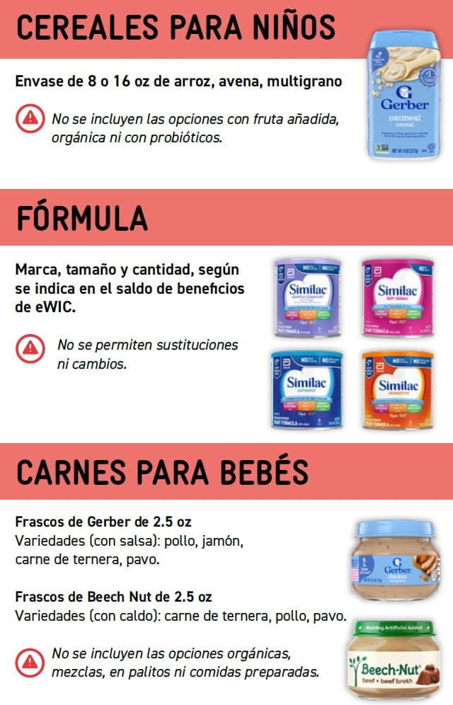 Guide showing WIC‑approved infant food options with product images, allowed varieties, sizes, and exclusions in Spanish