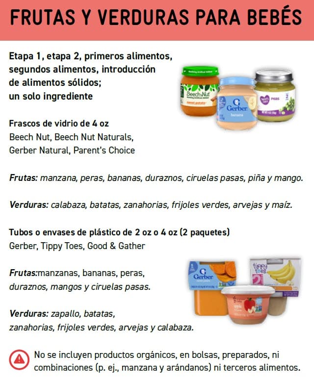 Guide showing WIC‑approved infant food options with product images, allowed varieties, sizes, and exclusions in Spanish