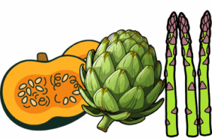 Acorn squash, artichoke and asparagus