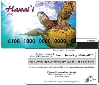 Front and back of the Hawaii eWIC card featuring a sea turtle design and program information.