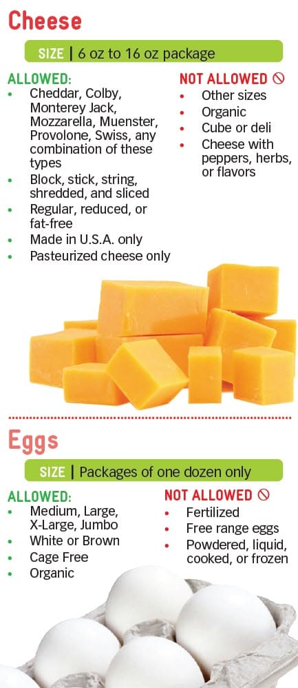 WIC cheese and eggs guide showing allowed and not allowed.