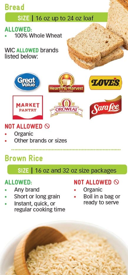 WIC whole grain guide showing allowed and not allowed.