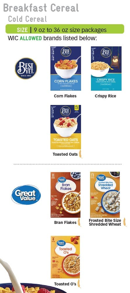 WIC cereal guide showing allowed and not allowed.