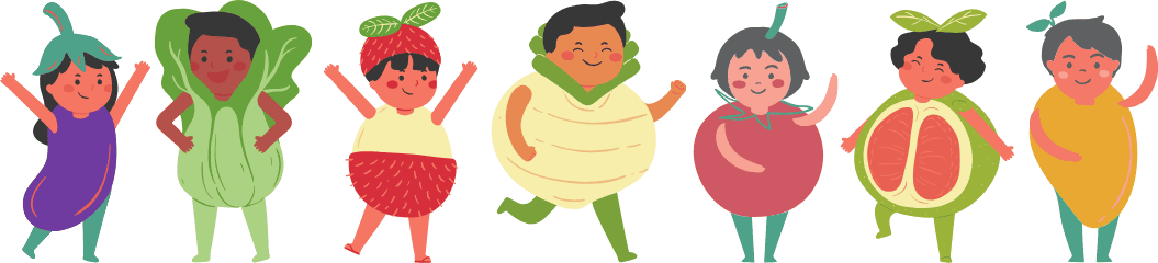 Illustration of seven kids wearing colorful fruit and vegetable costumes.