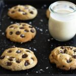 Chocolate Chip Cookies on a tray with milk